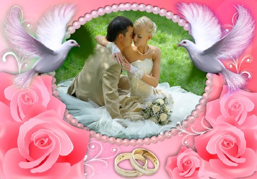 Рамка свадебная - с голубями, кольцами и розы