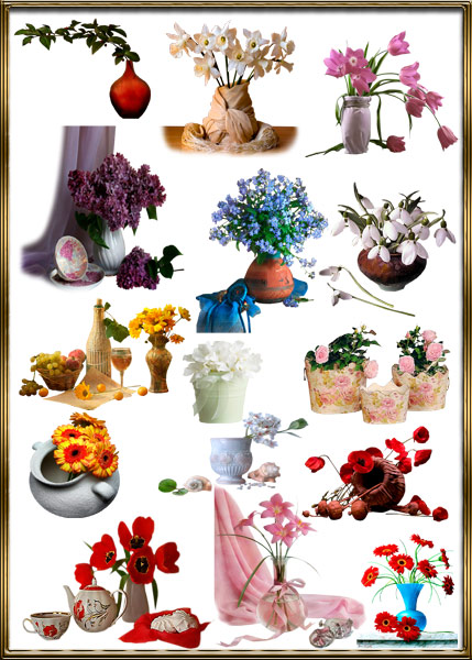 Клипарт, красивые элементы цветов в вазах PNG